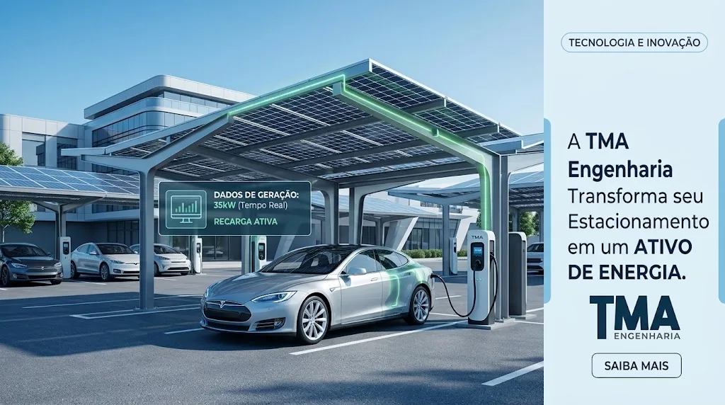 Carport solar com painéis fotovoltaicos na cobertura e carregadores de veículos elétricos em estacionamento corporativo