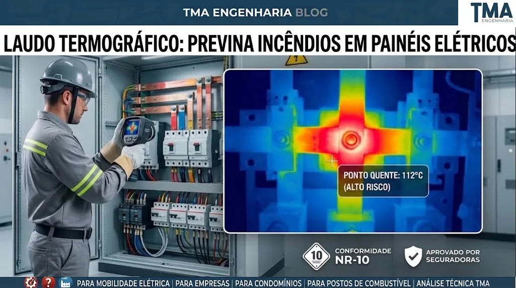 Inspeção com câmera termográfica infravermelha detectando pontos quentes em painel elétrico industrial para prevenção de incêndios