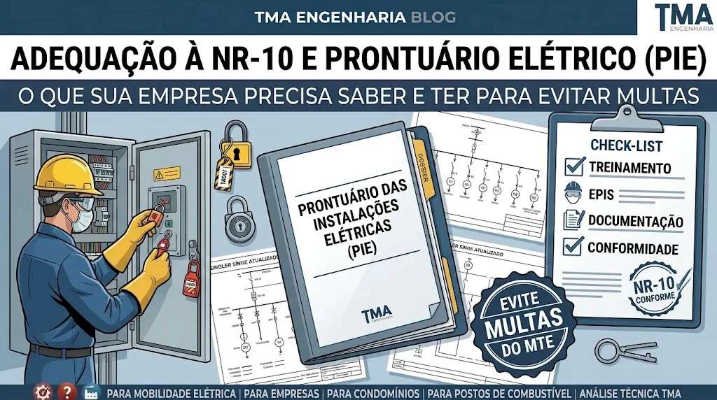 Engenheiro eletricista realizando adequação técnica à NR-10 e organização do Prontuário das Instalações Elétricas (PIE)