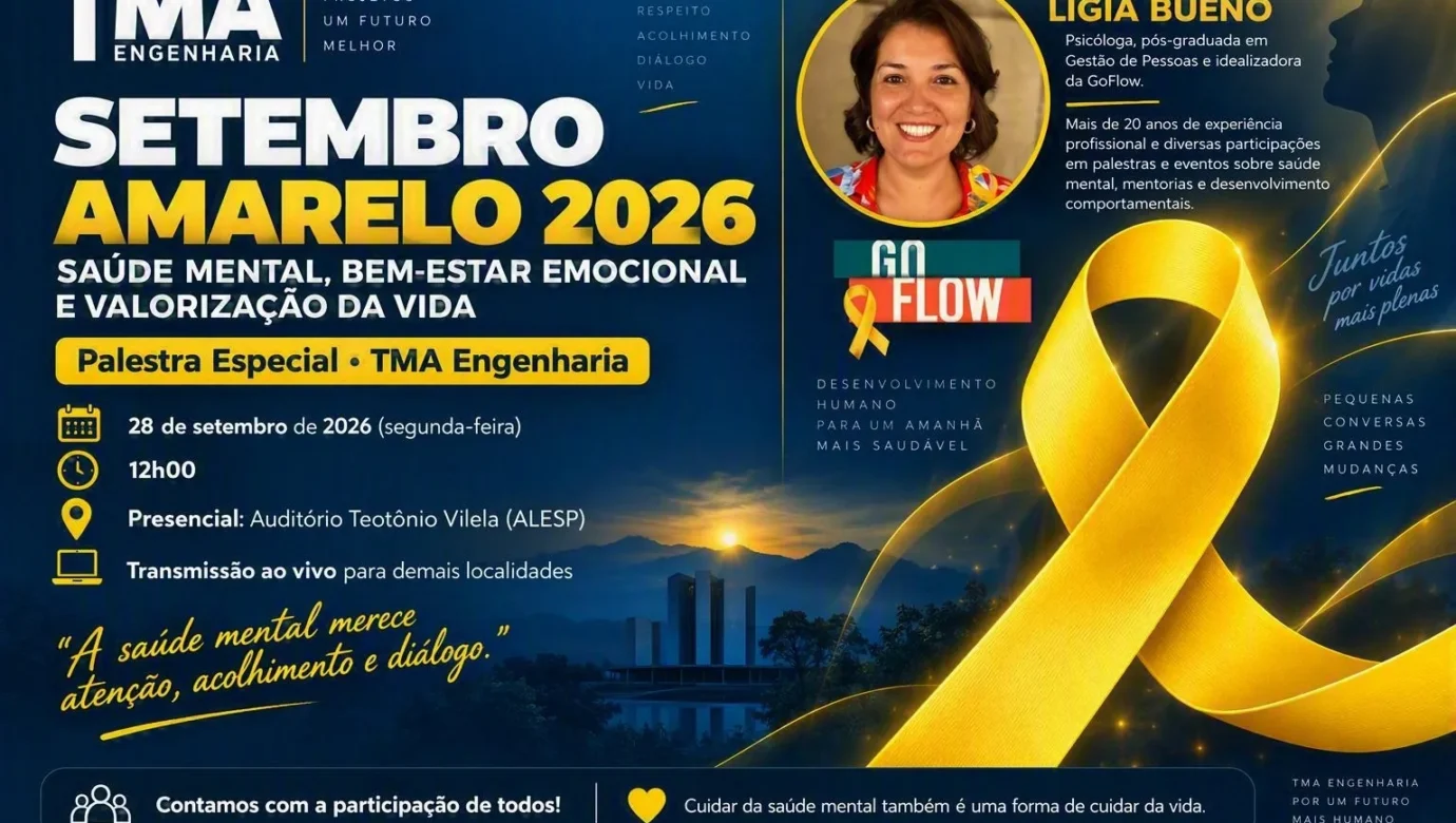 Palestra especial do Setembro Amarelo 2026 promovida pela TMA Engenharia sobre saúde mental e valorização da vida com a psicóloga Lígia Bueno