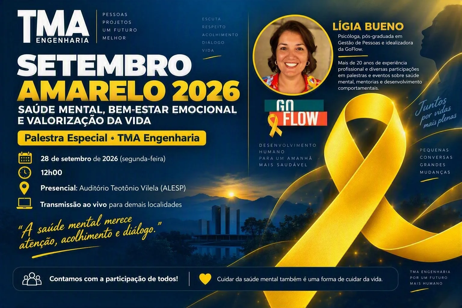 Palestra especial do Setembro Amarelo 2026 promovida pela TMA Engenharia sobre saúde mental e valorização da vida com a psicóloga Lígia Bueno