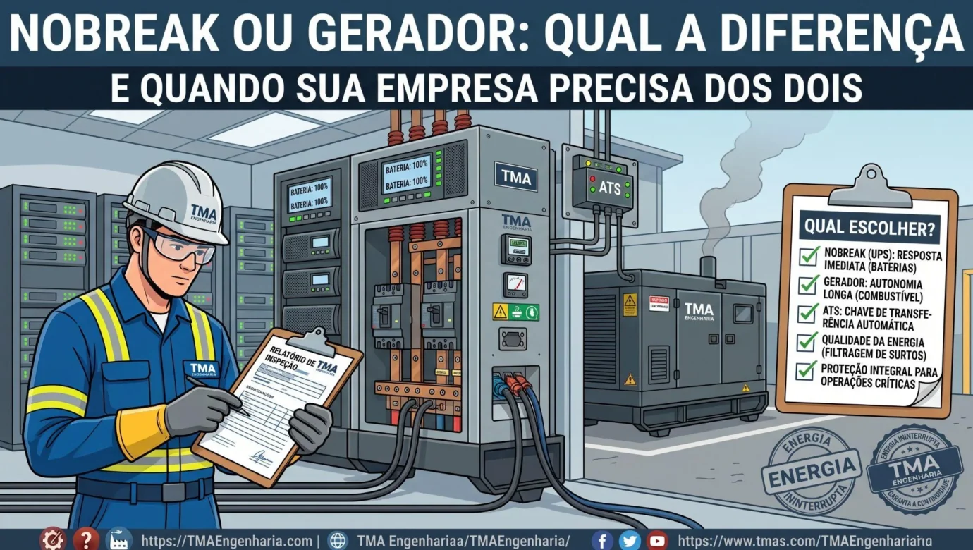 Nobreak industrial UPS e grupo gerador de energia garantindo segurança operacional contra interrupções na rede elétrica