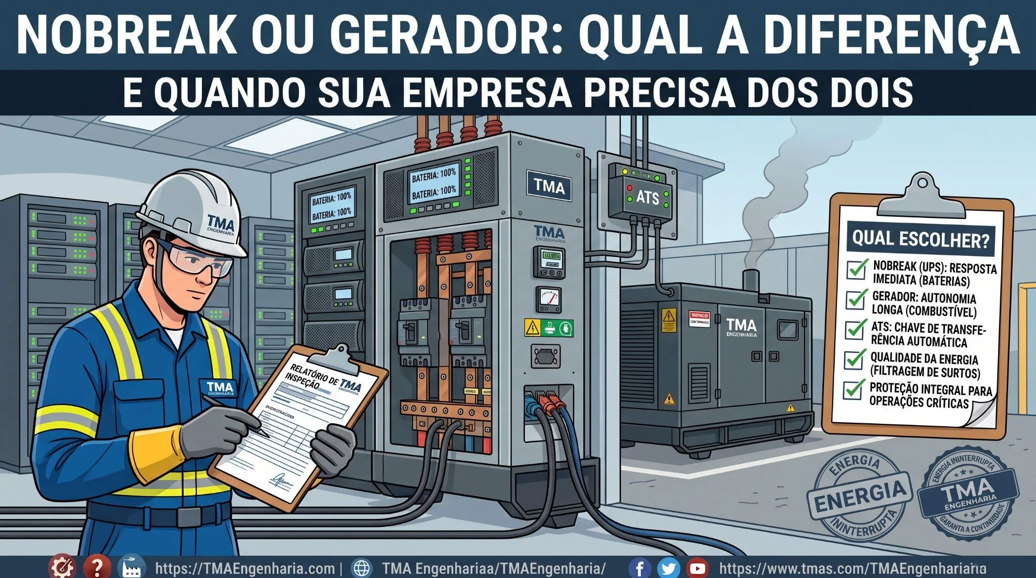 Nobreak industrial UPS e grupo gerador de energia garantindo segurança operacional contra interrupções na rede elétrica