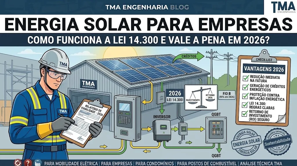 Instalação de usina solar fotovoltaica no telhado de empresa comercial gerando economia de energia sob a Lei 14.300
