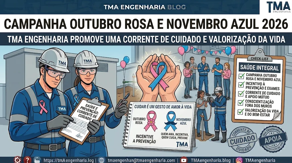 Campanha unificada Outubro Rosa e Novembro Azul 2026 da TMA Engenharia promovendo a conscientização sobre prevenção e saúde