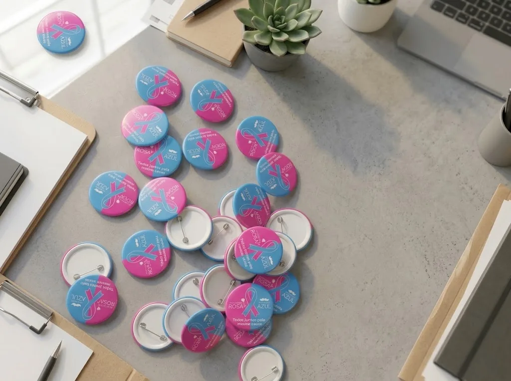 Bótons personalizados da campanha unificada Outubro Rosa e Novembro Azul