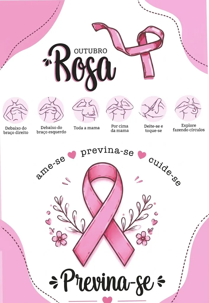 Cartão ilustrado com etapas do autoexame das mamas
